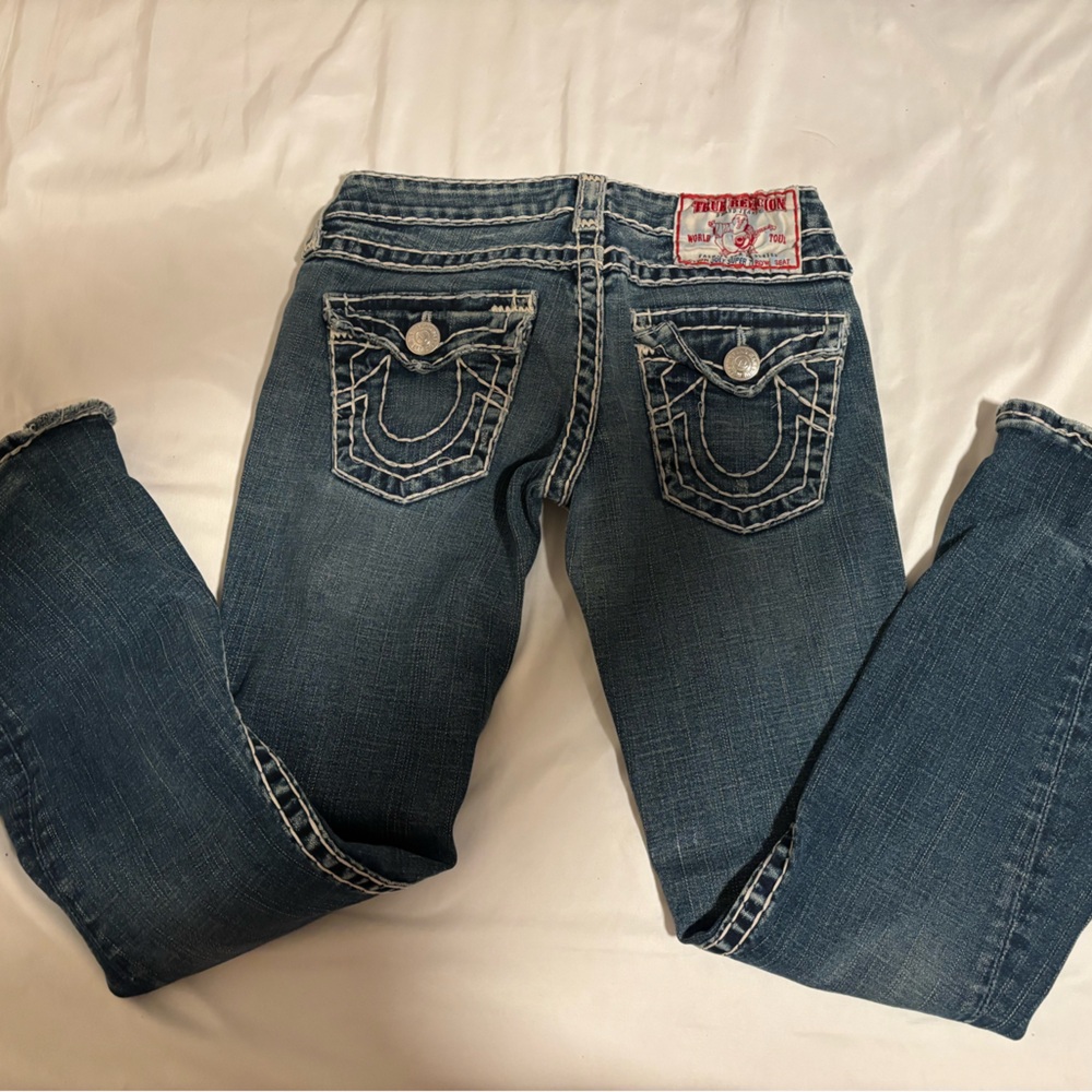 True Religion Dark Blue Denim Jeans with White Contrast Stitching